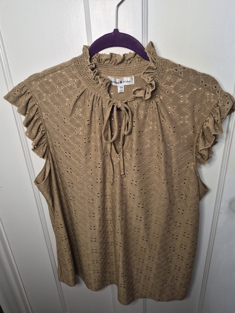 Stem & Vine Ruffle Tie-Neck Eyelet Blouse in Tan, 2X